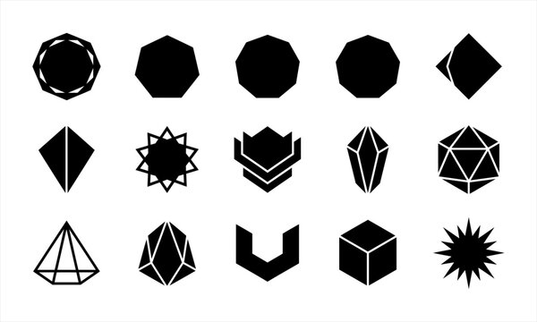 Complex Geometric Polygons, 3D Crystals, Polyhedrons, Gems, and Abstract Starburst Shapes Set. Flat Black Vector Design Elements for Modern Tech Logos, Crypto Branding, Science UI, and App Icons.