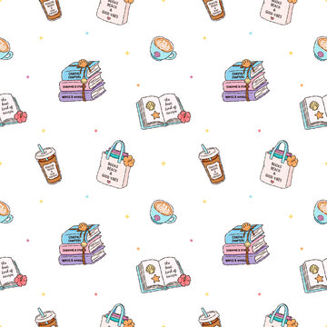 Coastal Book Lover Seamless Pattern with Books Coffee Tote Bag Seashells and Beach Reading Doodles