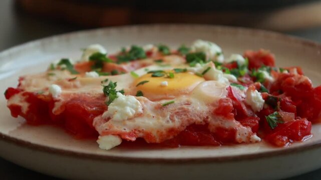 Traditional Shakshuka Served in Ceramic Dish with Poached Eggs and Fresh Herbs