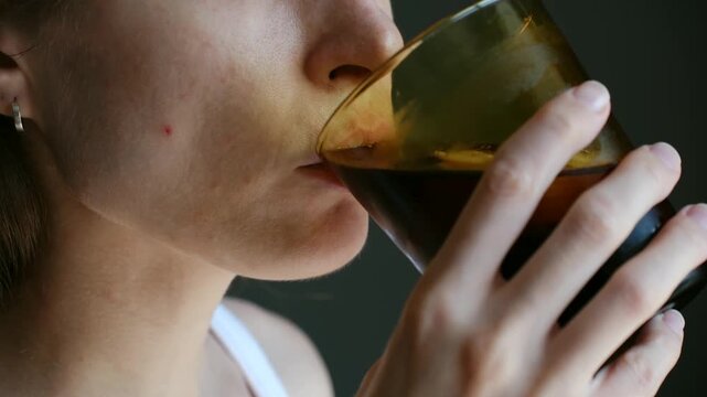 Close up woman face as she quenches her thirst, drinking dark beverage from glass, concepts of refreshment, hydration, and enjoying simple moment. Thirsty young woman drinking refreshing beverage