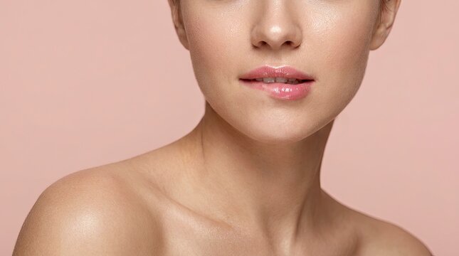 Young woman with healthy glowing skin and glossy lips biting lip on pink background