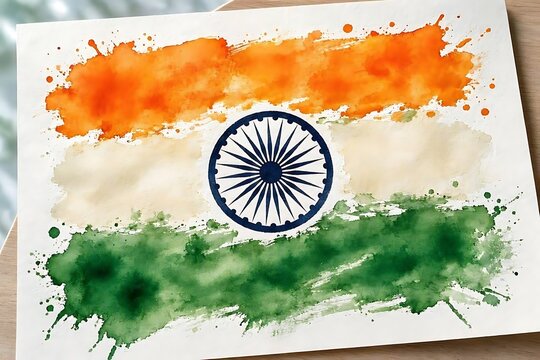 Watercolor painting of the india flag with ashoka chakra