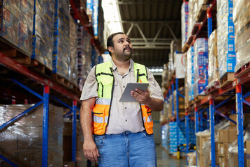 Obraz premium Warehouse worker using a tablet while standing in a large distribution center aisle stacked with boxes
