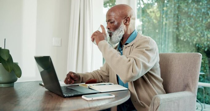 Senior, laptop and black man with water in home for hydration, sustainability or financial planning. Elderly, male person or drinking with mineral liquid for finance, expenses or bills in retirement
