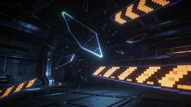 Futuristic 3D pixel art abstract background with glowing neon orange warning signs