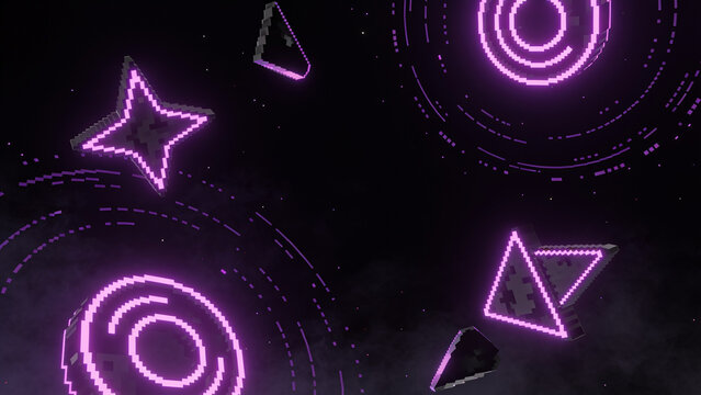 Abstract purple neon pixel art shapes and circles floating in a dark space void