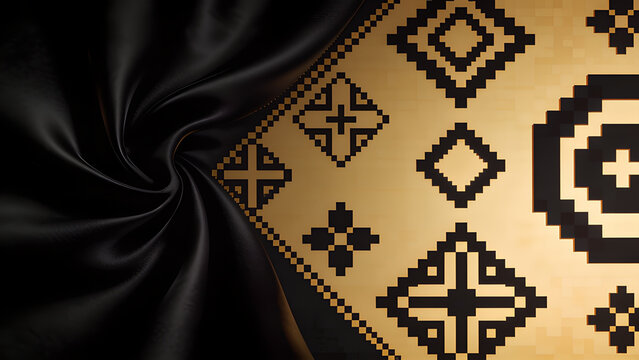 Luxury black silk fabric draped over gold background with ethnic pixel art ornaments