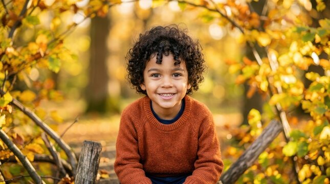 Happy young boy with curly hair portrait sitting outdoors in autumn forest landscape with golden leaves background during sunny fall day child