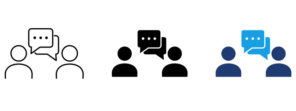 Conversation icon with two people avatars and speech bubbles. Symbol of communication, dialogue, customer support, discussion, consultation, chat, message exchange and team collaboration.