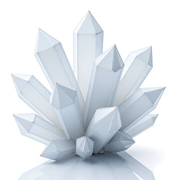 Cluster of translucent white geometric crystals forming abstract mineral formation with sharp facets and clean modern aesthetic for science or luxury decor backgrounds.