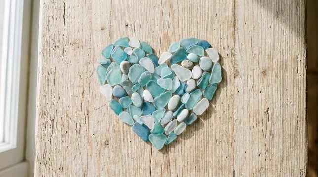 Heart Shape Created with Assorted Blue and White Sea Glass Pieces Arranged on a Weathered Light Wooden Surface Coastal Romantic Home Decor Concept