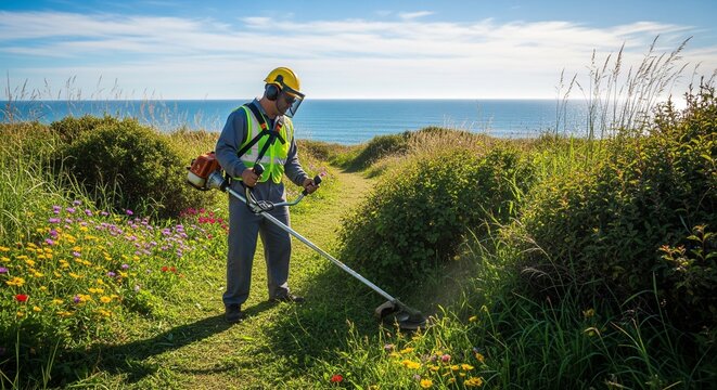Landscaper using string trimmer machine on grassy coastal hill with sea background.