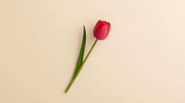 topdown. A single red tulip stands out on a beige surface, captured in a soft top-down floral composition. gardening catalogs, home-decor guides, designed for gardening and botanical catalogs.