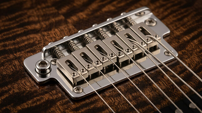 Detailed Close-up of an Electric Guitar Bridge with Strings and Chrome Hardware on Textured Wood