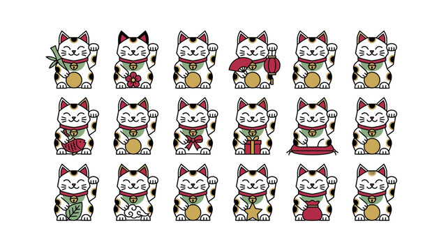 Set of fifteen cute lucky cat maneki neko character icons with different accessories and items for wealth