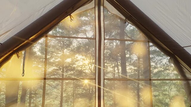 Cozy tent interior with quilted sleeping pad, mesh window, sunrise over pine forest, warm golden light filtering through fabric walls and soft morning shadows across camp bed