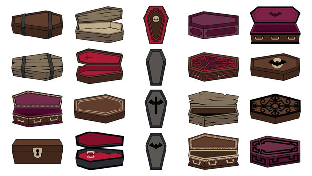 Set of various wooden coffins and funeral caskets in different styles and positions for horror or death themed graphic design