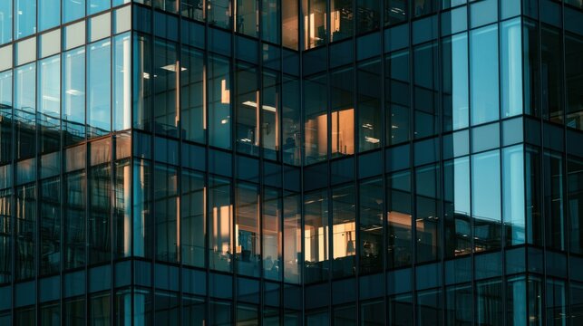 City office building with glowing glass windows revealing corporate workspaces at dusk