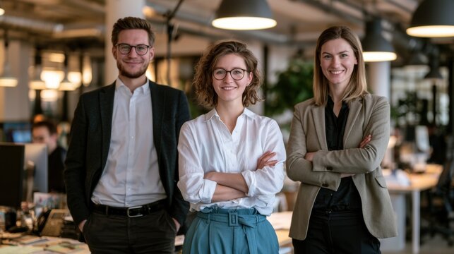 Confident business professionals posing in a modern open office with warm lighting and collaborative energy