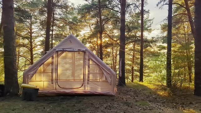 Glamping tent glowing at sunset among tall pine trees inside quiet forest campsite, warm interior light, soft sky behind branches, rustic outdoor retreat in nature