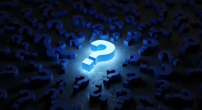 Glowing question mark surrounded by binary code on dark background