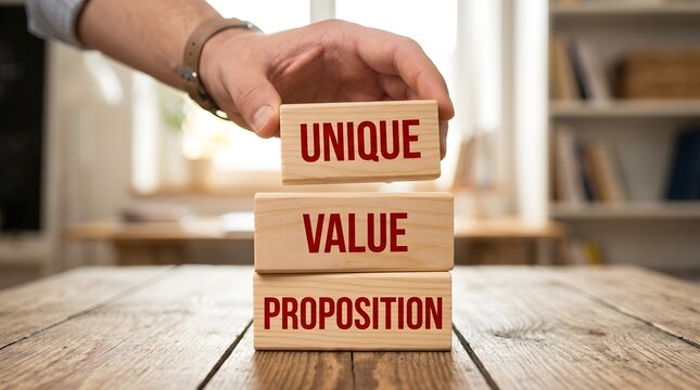 Hand placing wooden block with unique value proposition text on table