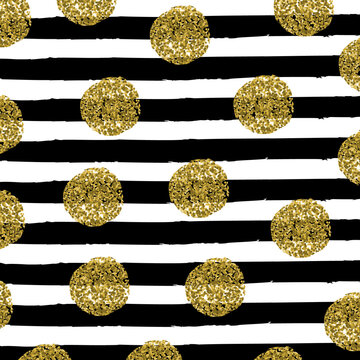 gold glitter circles on black and white stripes seamless pattern background