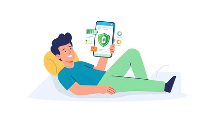 Obraz premium Relaxed Man Using Smartphone with Security and Battery Icons