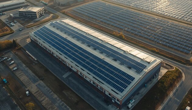 Aerial View of Industrial Building with Rooftop Solar Panels Beside Large Solar Farm, Renewable Energy Infrastructure, Sustainable Manufacturing and Clean Power Generation