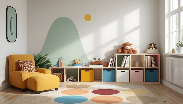 Colorful Modern Kids Playroom Interior with Storage Cubes, Cozy Armchair, Organized Children's Play Space, Contemporary Nursery and Family Home Design