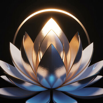 Lotus flower rendered in metallic gold and silver glows with a soft circular light behind its petals against a black background.