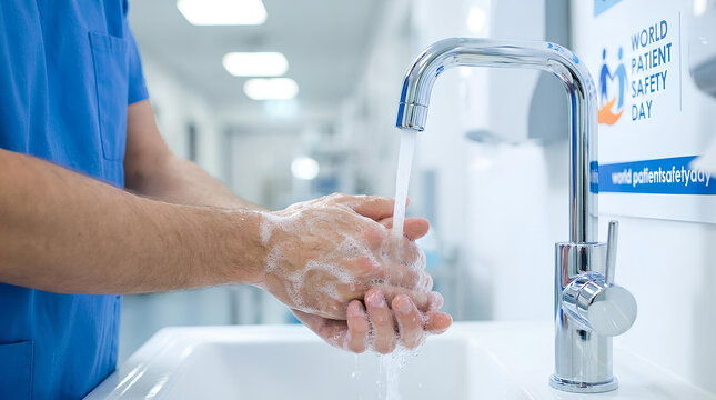 Medical professional washing hands in hospital sink for hygiene
