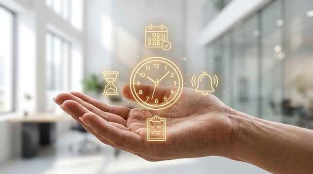 Human hand holding glowing digital clock with calendar and notification icons floating above palm finger time bell hourglass.