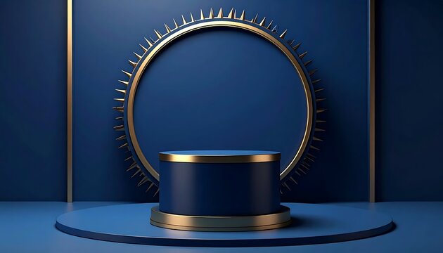 Sophisticated dark blue 3D render background with an elegant golden ring and a stylish display podium, perfect for luxury product presentations and abstract design concepts