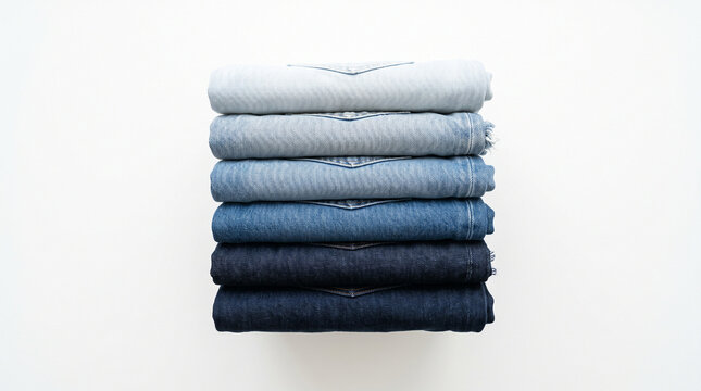 A neat stack of blue jeans folded in gradient shades on a white background.