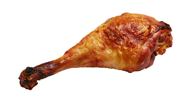 Golden brown roasted turkey leg with crispy skin, isolated on transparent background