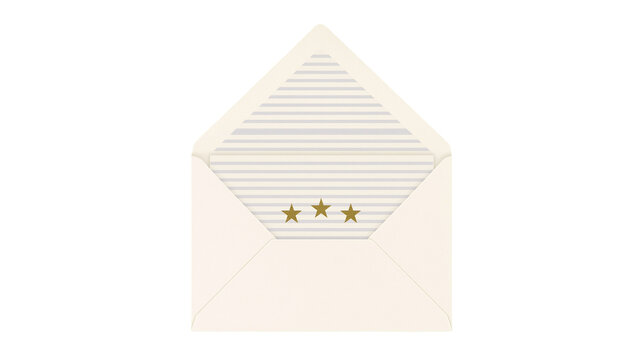 Open cream envelope with gold stars and striped lining, isolated on transparent background