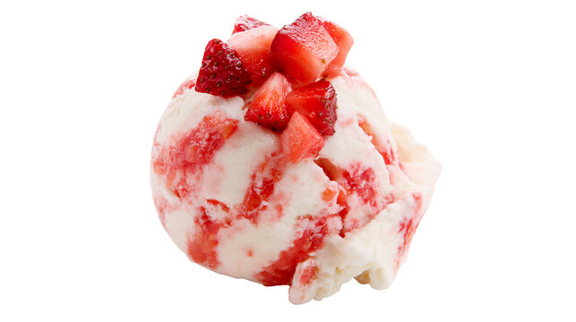 Scoop of creamy vanilla ice cream with strawberry swirls and fresh fruit pieces, isolated on transparent background