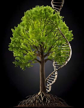 DNA helix entwined with tree roots symbolizing life science.
