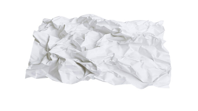 Crushed white paper ball with deep folds and creases, isolated on transparent background