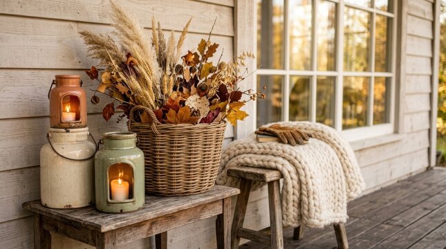 Rustic Autumn Porch Decor Featuring Wicker Basket With Dried Flowers And Lanterns Beside Knitted Blanket On Wooden Stool For Cozy Home Seasonal