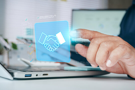 Business partnership agreement with digital handshake interface, procurement workflow, contract approval, supplier collaboration, electronic document management and corporate negotiation technology