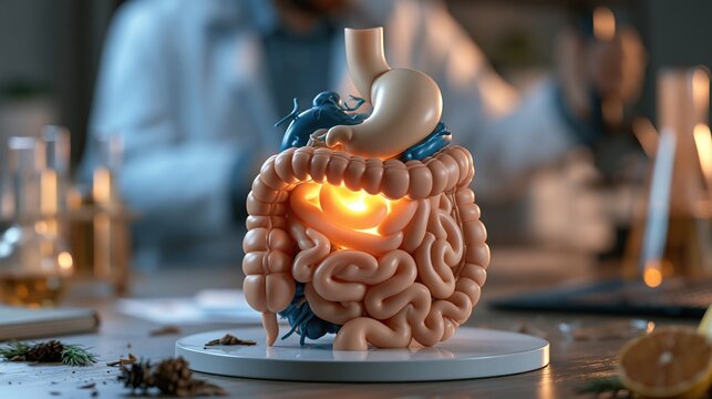3D anatomical model of the human digestive system displayed in a modern research lab, soft blue and warm rim lighting, glowing highlight on the intestinal area symbolizing gut health