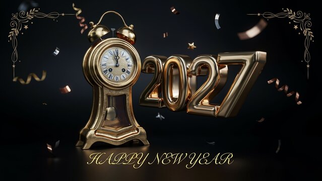 Happy New Year 2027 gold clock countdown, elegant luxury holiday background, vintage golden clock with party ribbons