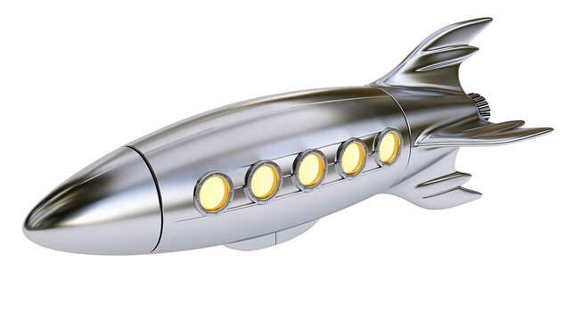 Retro silver rocket ship with glowing yellow windows, isolated on transparent background