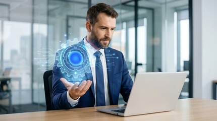 Fototapeta premium Focused corporate worker managing digital workflow and software systems using futuristic interface graphics