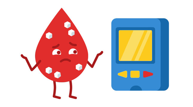 Blood drop character with sugar cubes and glucose meter