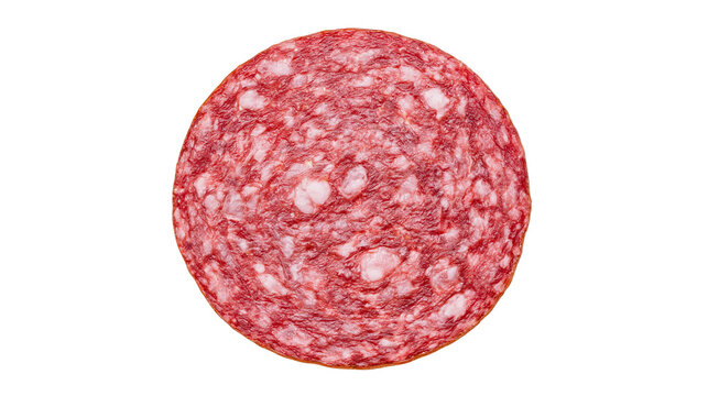 Round slice of cured salami with marbled fat, isolated on transparent background
