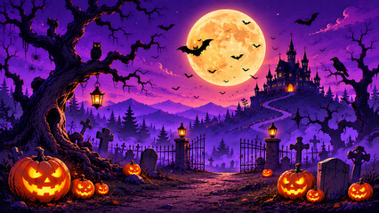 Fototapeta premium Spooky halloween cemetery landscape with glowing pumpkins under a giant full moon