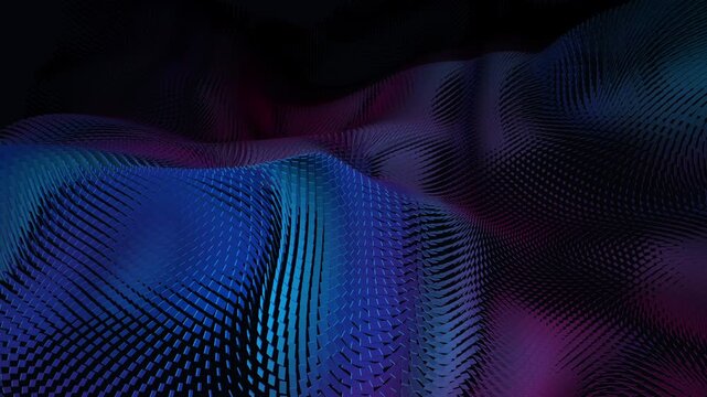 Abstract 3D pillars undulating in a smooth geometric wave pattern. Illuminated by vibrant cyan and pink lighting over a dark space. A sleek tech-inspired looping animation ideal for an event backdrop.